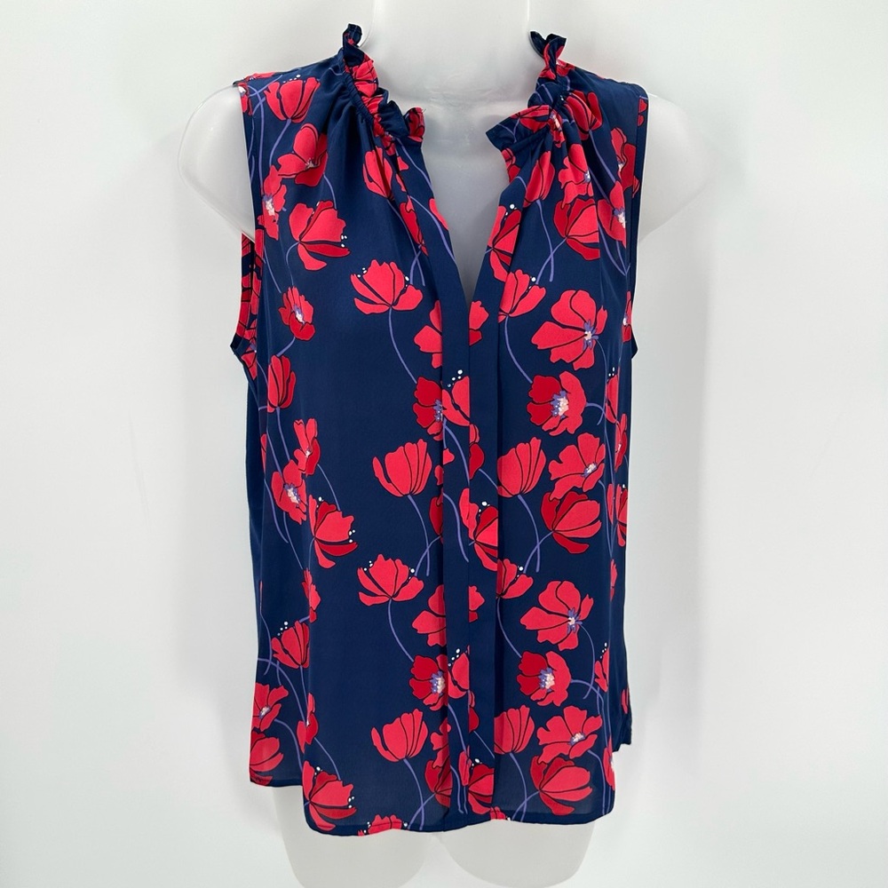 41 Hawthorn Blouse Womens Petite XS Orlee Poppy Floral Ruffle Neck Sleeveless